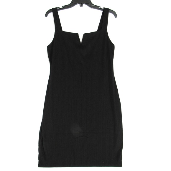 Dresses & Skirts - Good Luck Gem‎ Black Ribbed Knit Bodycon Square Neck V Slit Dress Women's Size L
